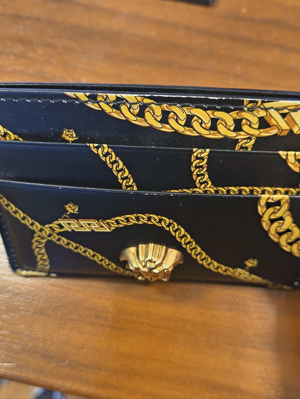 Versace La Medusa Black Gold Chain Print Leather Card Holder Wallet - Picture 5 of 11